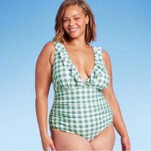 NWT Kona Sol Green Gingham One Piece Swimsuit.
